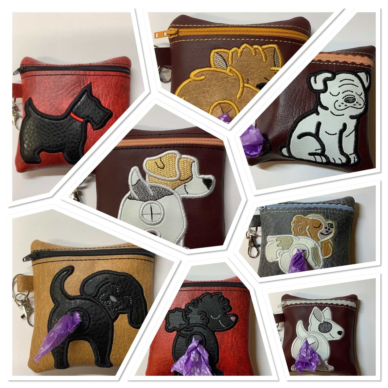 Selection of embroidered faux leather dog poop bag dispensers