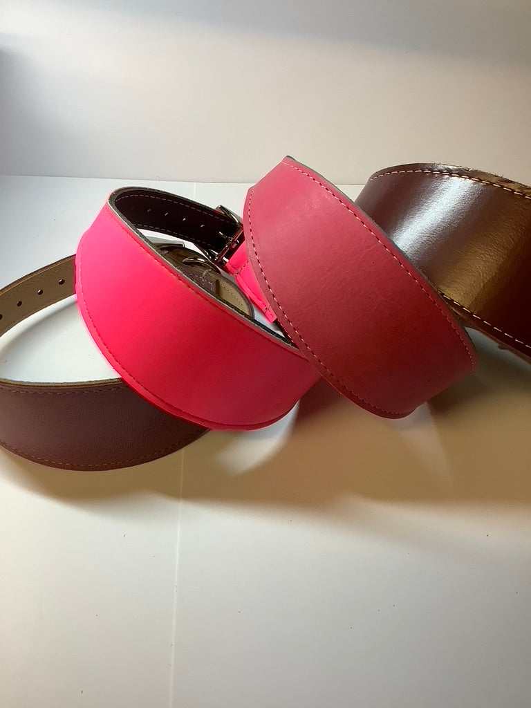 Selection of 4 Leather Greyhound collars in shades of pink and Brown 