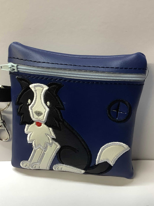 Embroidered Border Collie poo bag dispenser on Blue Bag