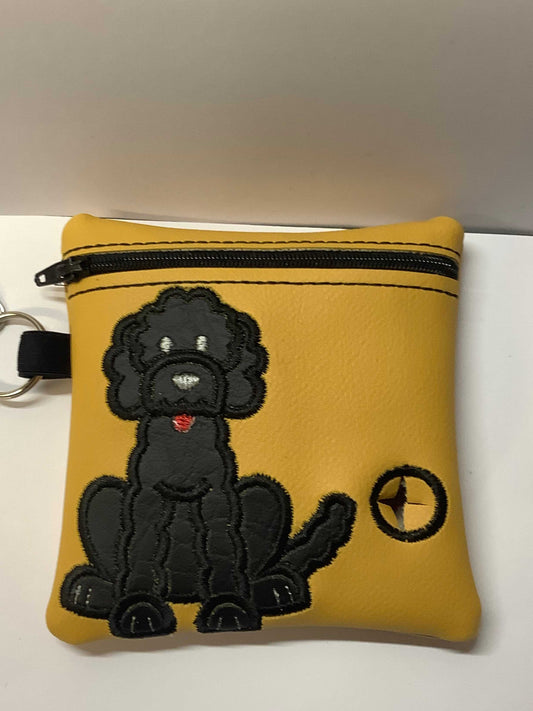 Black Labrdoodle on Mustard Embroidered poo bag dispenser