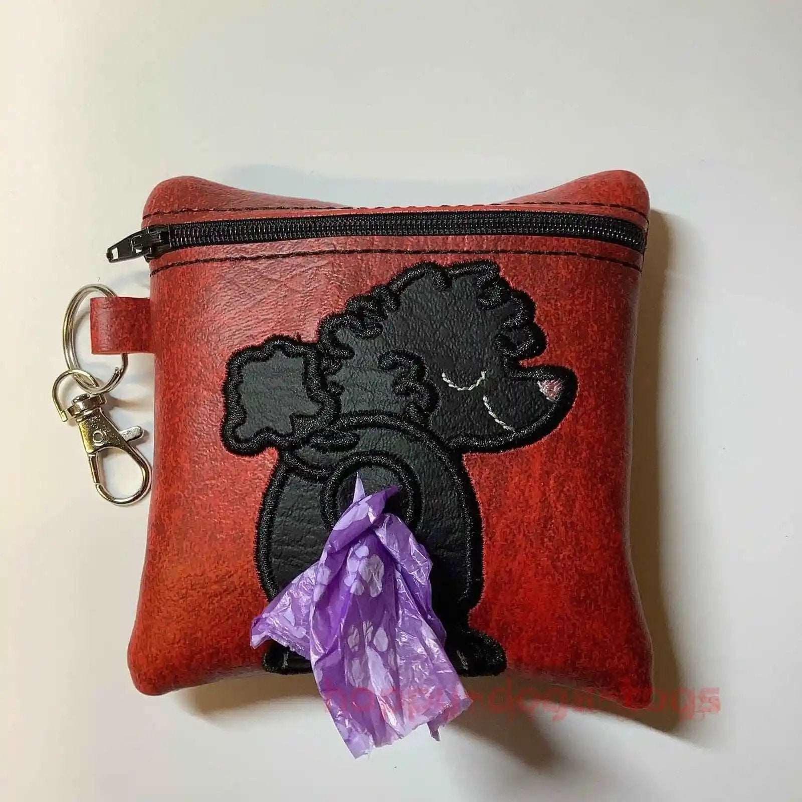 Black Poodle on Red Embroidered poo bag dispenser - happy-dogs-togs