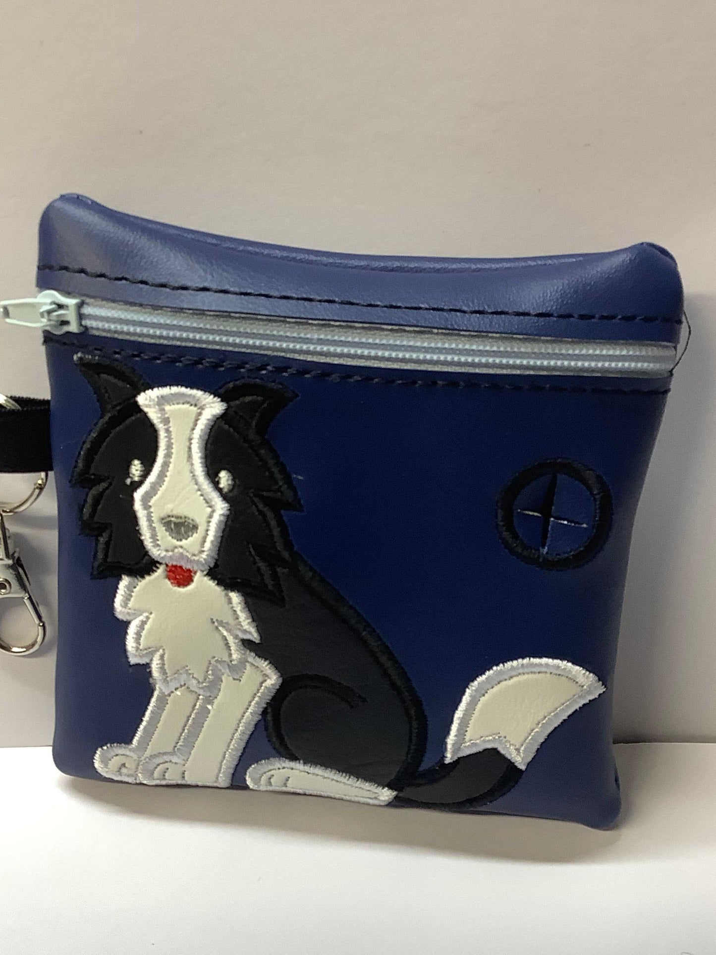 Embroidered Border Collie poo bag dispenser on Blue Bag - happy-dogs-togs