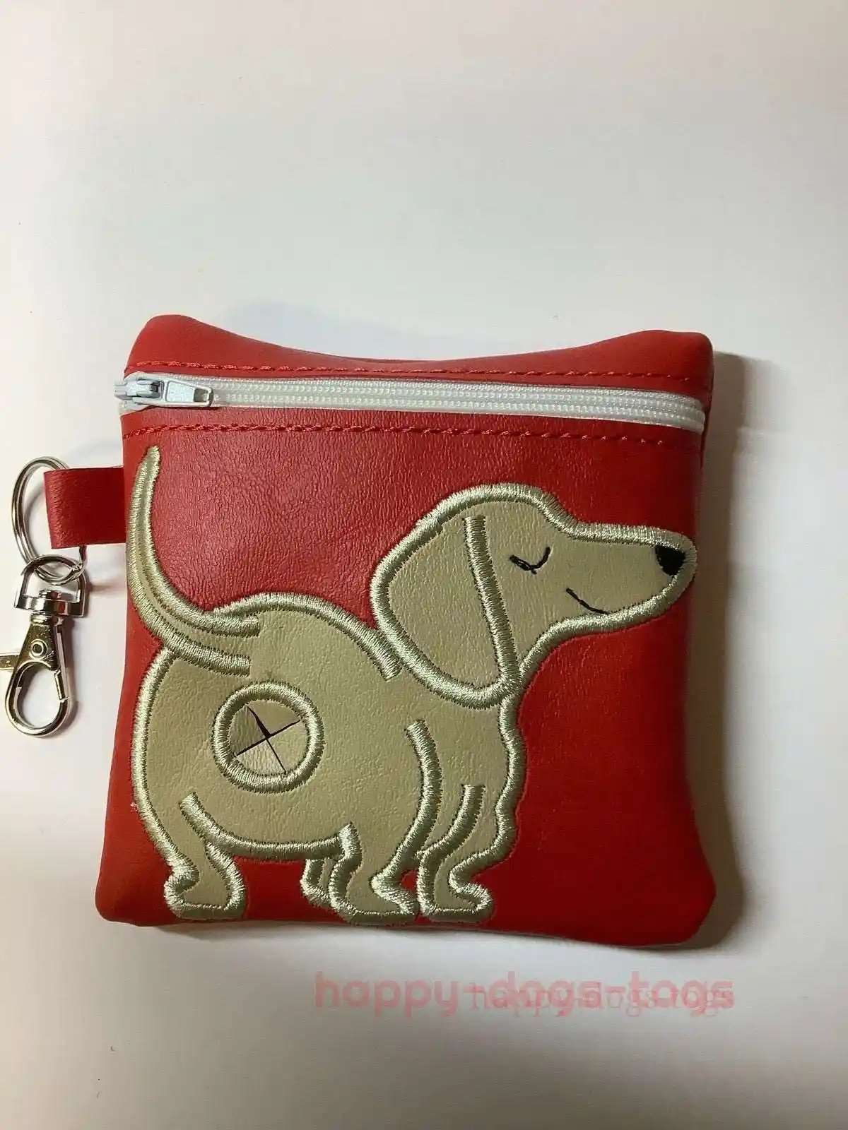 Embroidered Dog poop bag dispenser Fawn Dashchund on Red Bag - happy-dogs-togs