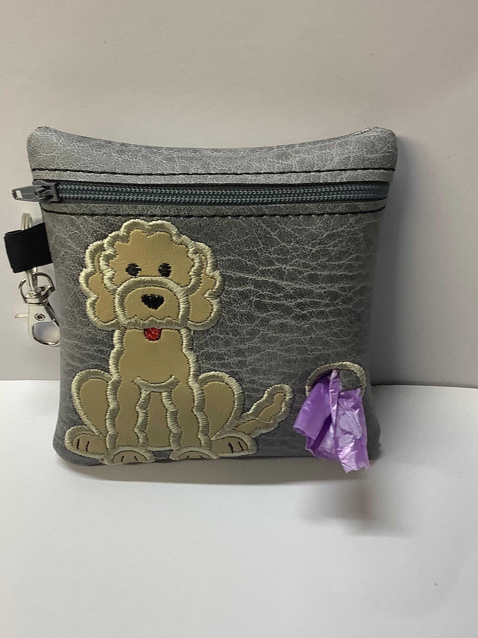 Fawn Labrdoodle on Grey Embroidered poo bag dispenser - happy-dogs-togs