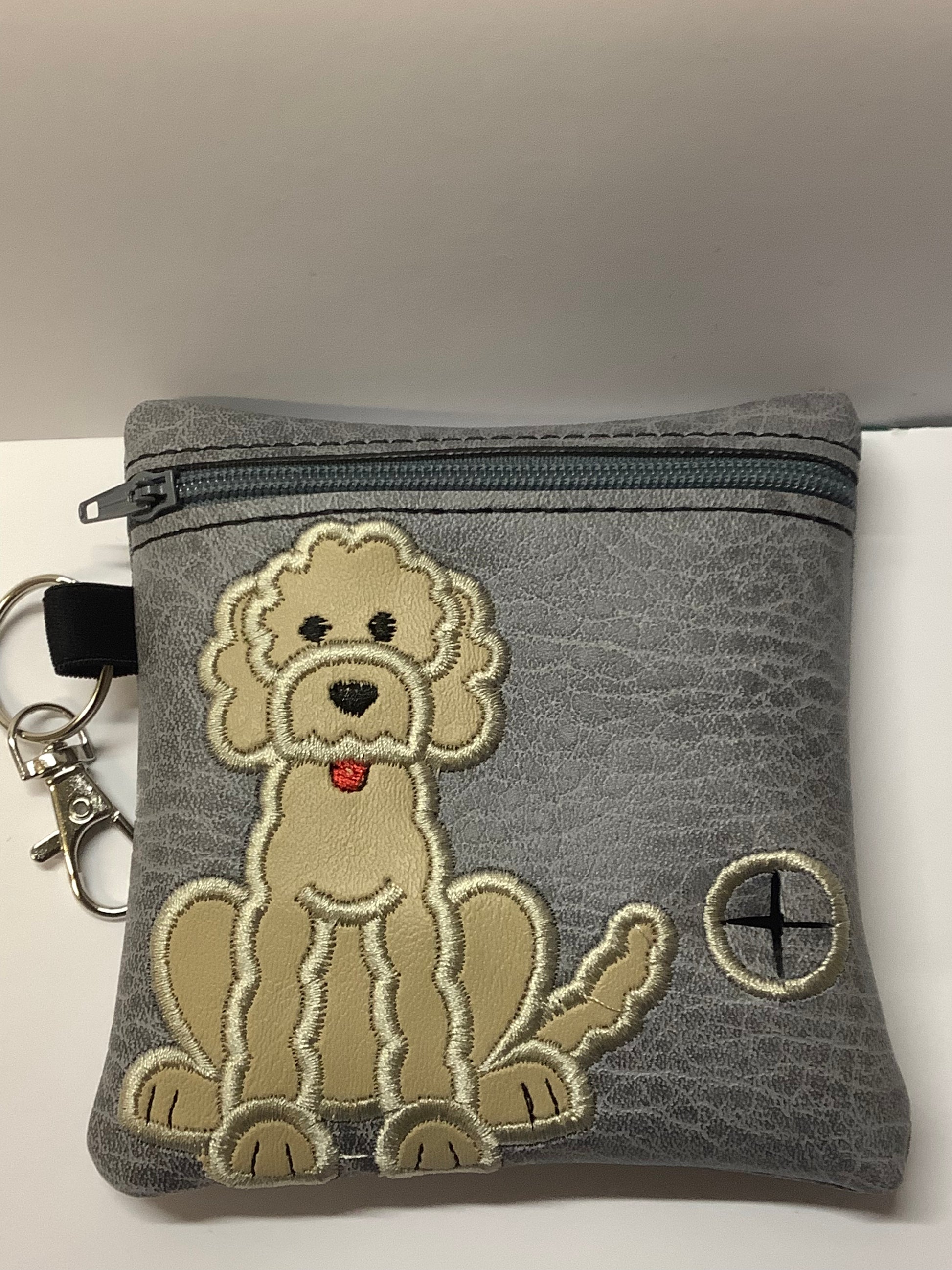 Fawn Labrdoodle on Grey Embroidered poo bag dispenser - happy-dogs-togs