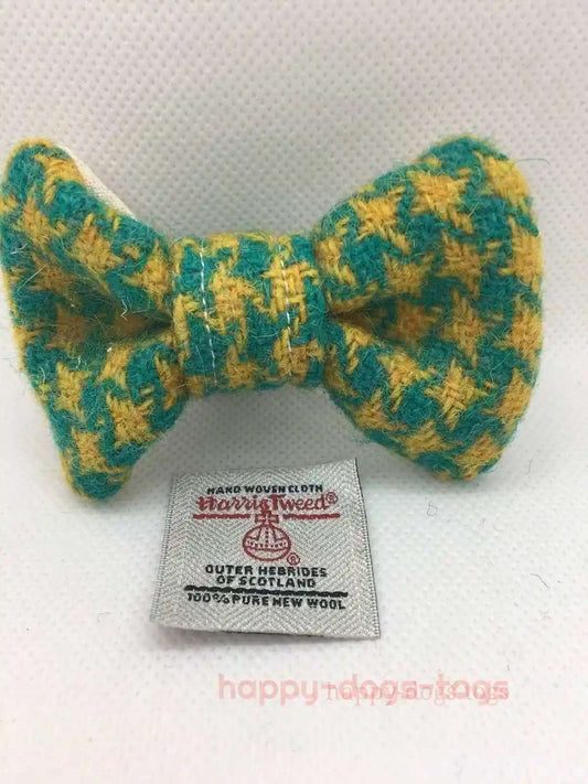Small Harris Tweed dog bow tie in Green and Yellow Houndstooth