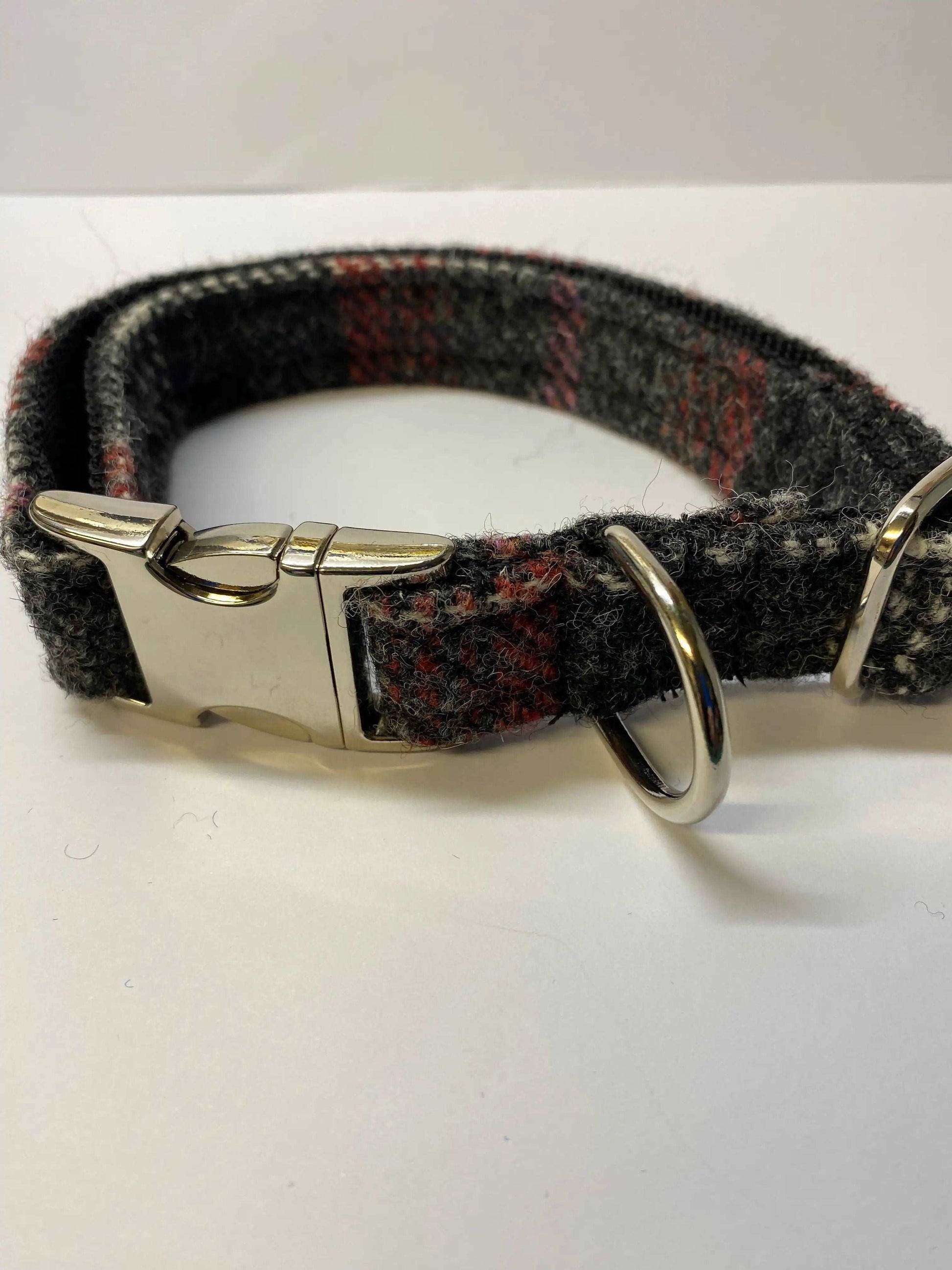 Harris Tweed Dog Collar In Grey and Red 