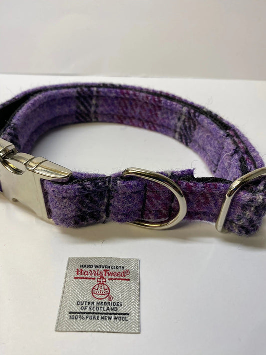 Harris tweed Large Purple Check dog collar