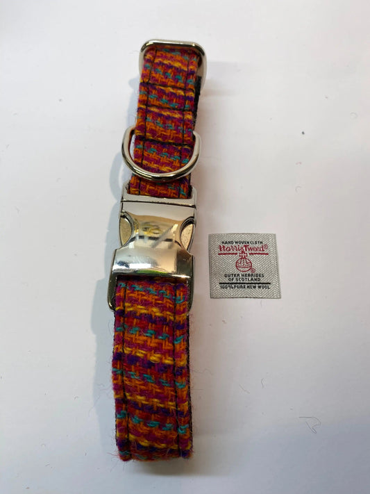Red multi check Harris tweed dog collar  Front