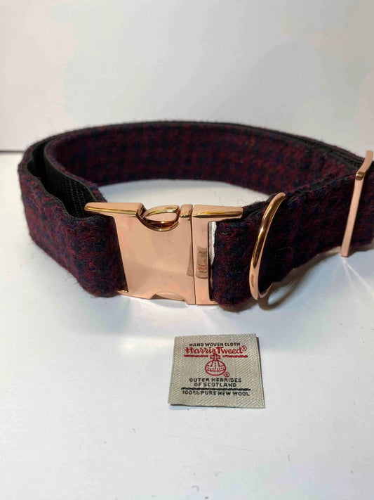 Extra Large Harris Tweed Dog Collar Burgundy and Black Houndstooth Dog collar with label