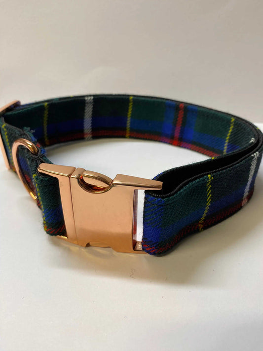 Extra Large Scottish Tartan Dog Collar in Green, Blue Check Tartan