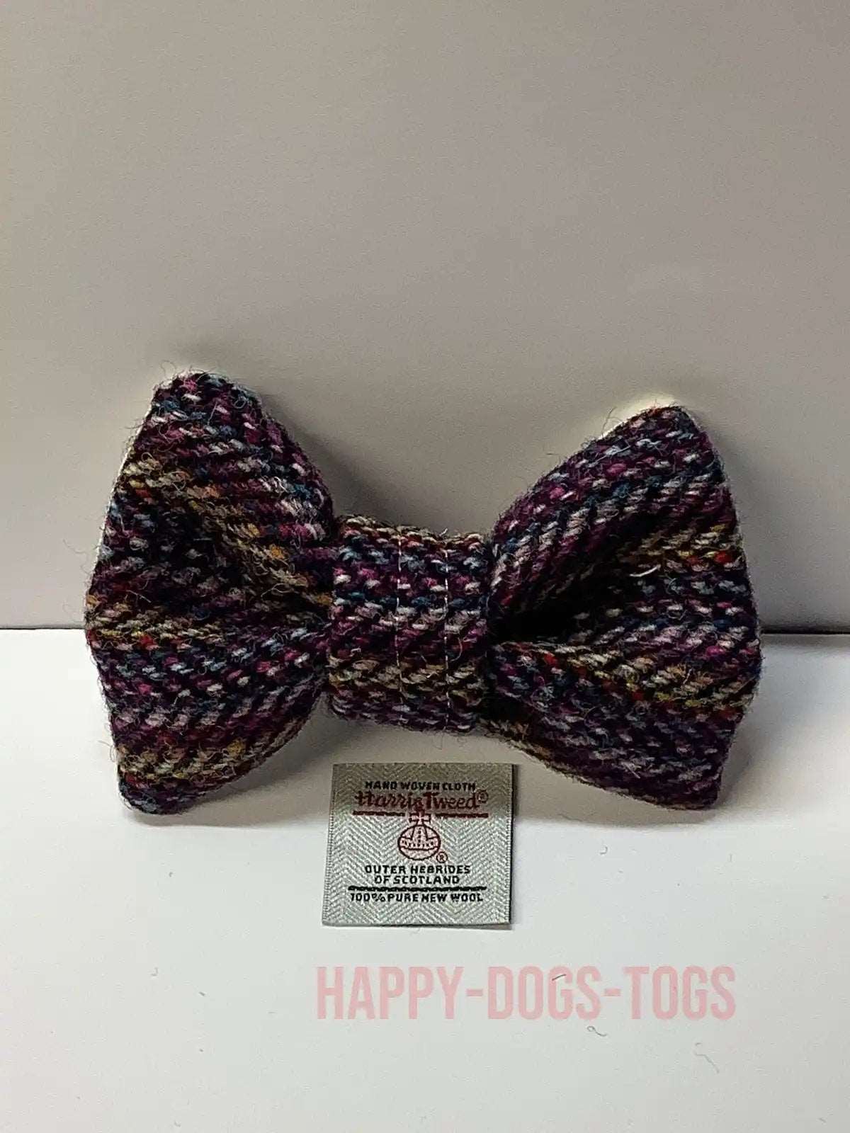 Harris tweed Dog Bow Tie in a Burgundy and multi colour stripes 