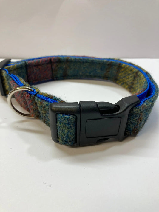 Harris Tweed Dog Collar Blue, Green ,Red check Front view