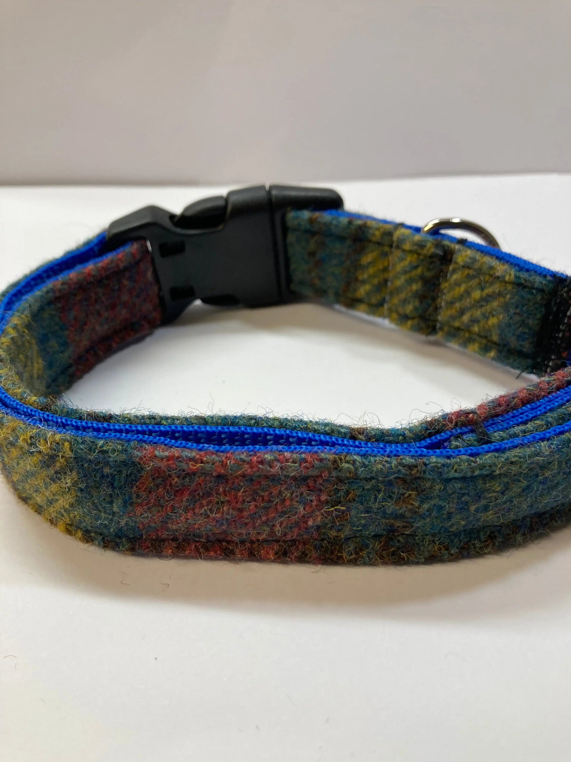 Harris Tweed Dog Collar Blue, Green ,Red check Back view