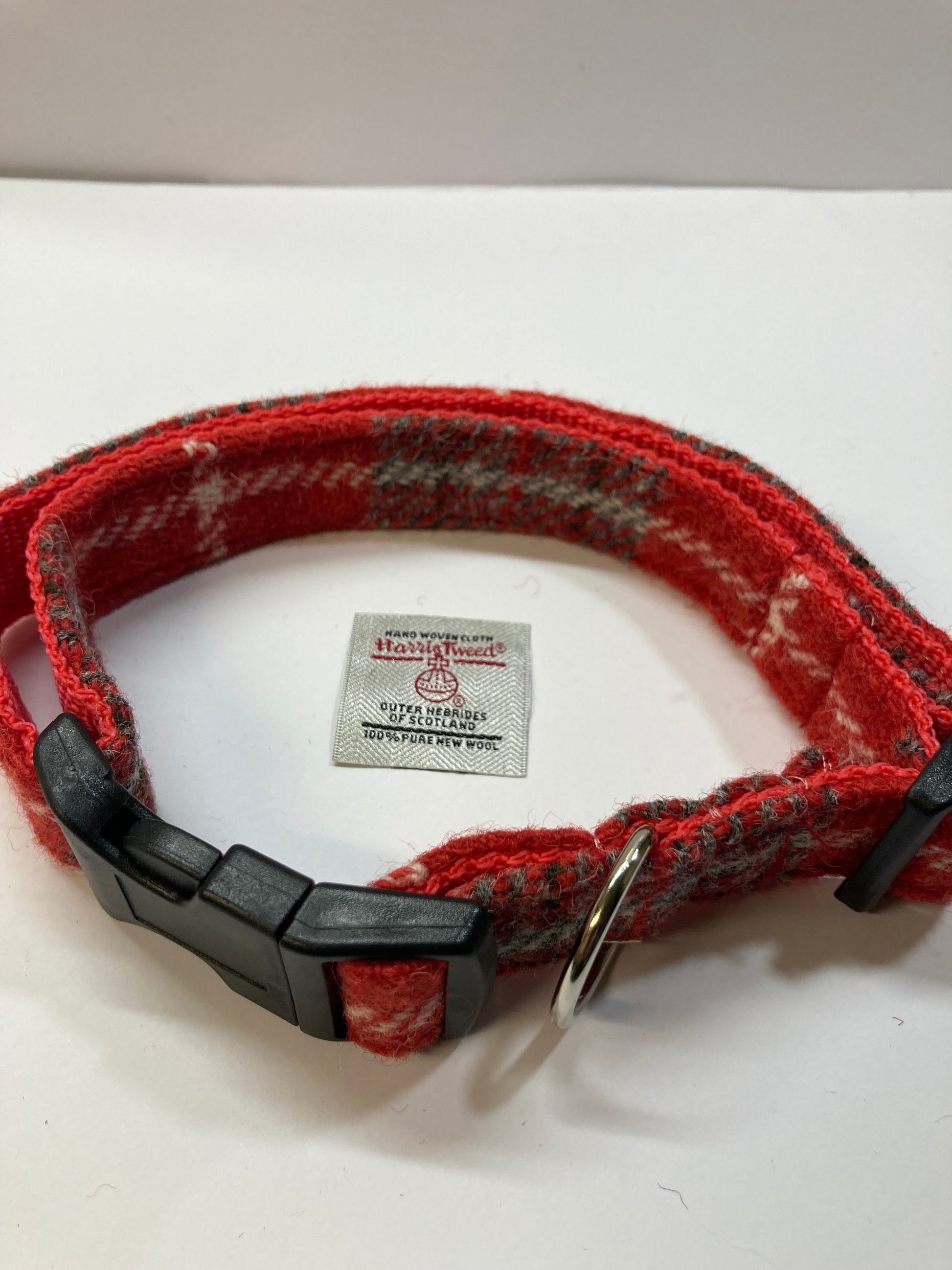 Harris Tweed Dog Collar Red check Front view with Harris Tweed Label