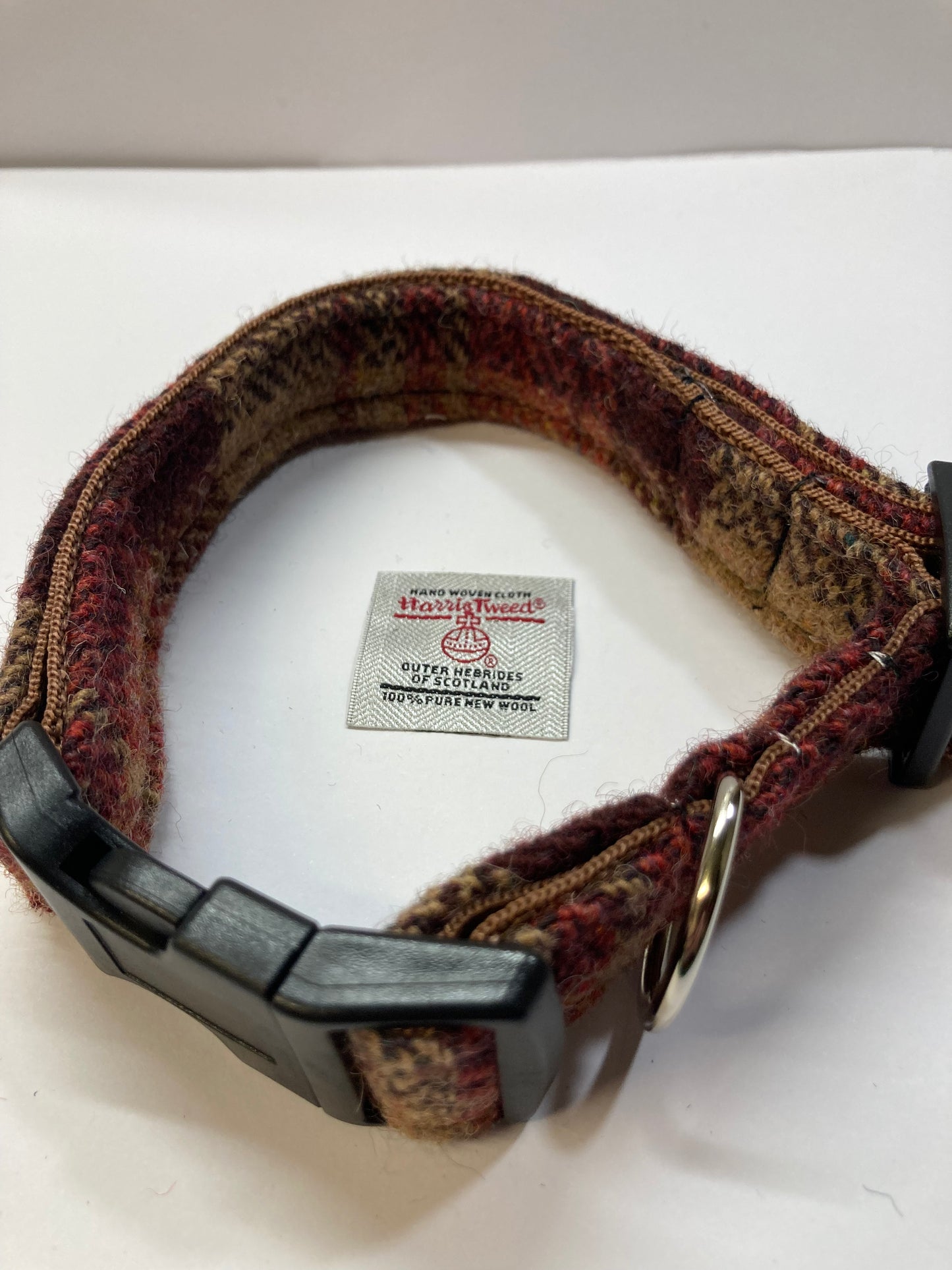 Harris Tweed Dog Collar Brown and Fawn check View with Harris Tweed Label