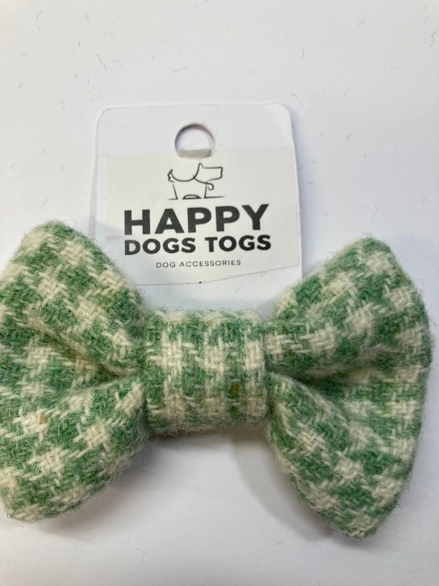GREEN and WHITE HOUNDSTOOTH HARRIS TWEED Dog Bow Tie,