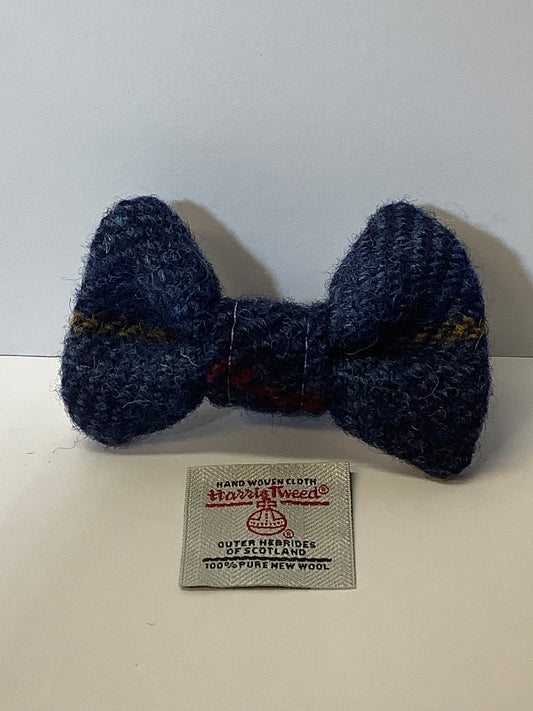 Harris Tweed Small Dog Dickie Bow in Blue with Gold Stripe