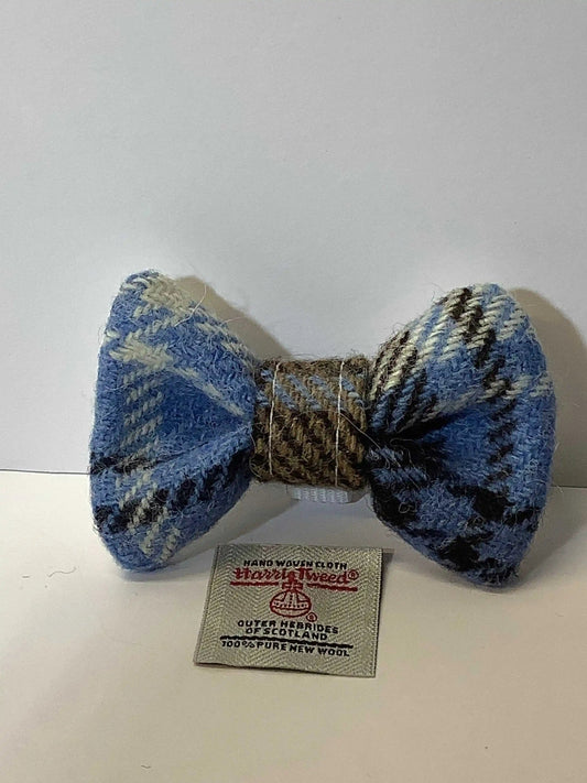 Blue and Beige Harris Tweed small dog bow tie