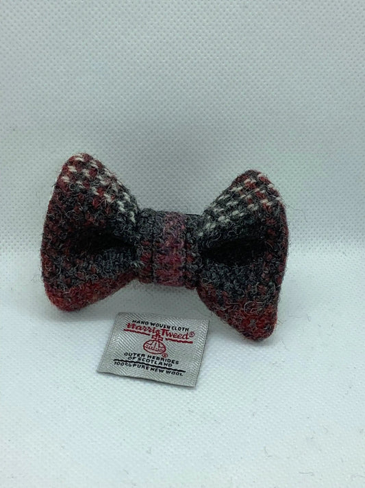 Harris Tweed dog bow tie in Grey, Red and White Check 