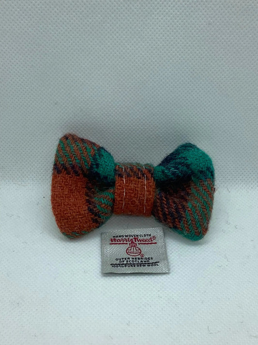 Harris Tweed Dog bow tie In teal and Orange Check..