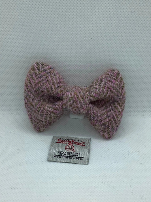 Harris Tweed Dog bow tie in Pink and Grey Herringbone