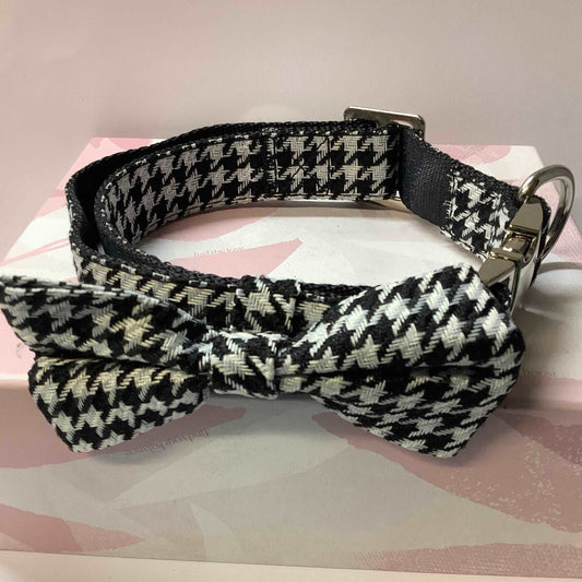 Black and White Dogtooth Tweed dog collar and bow tie set
