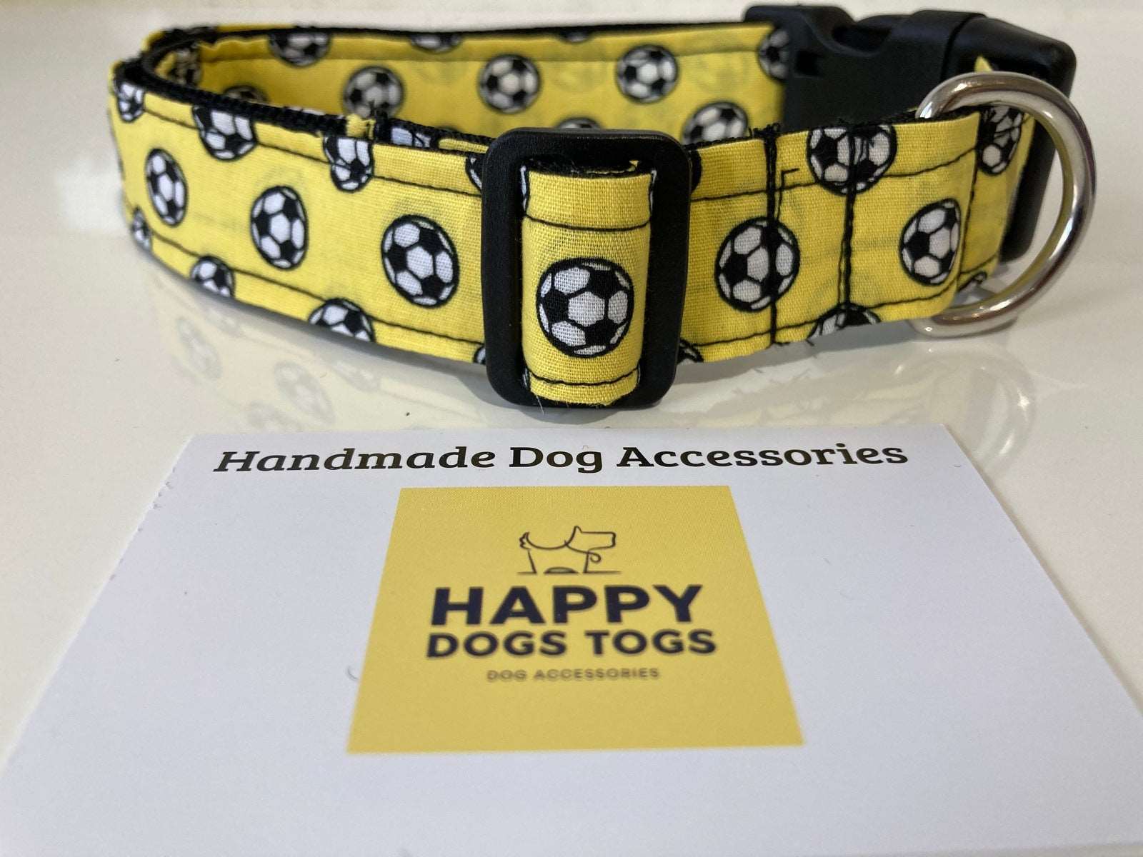 Large Dog Collar Yellow with footballs - happy-dogs-togs