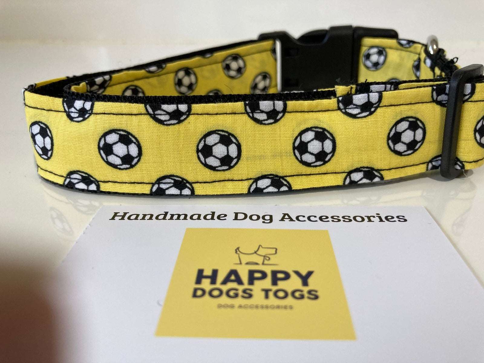 Large Dog Collar Yellow with footballs - happy-dogs-togs