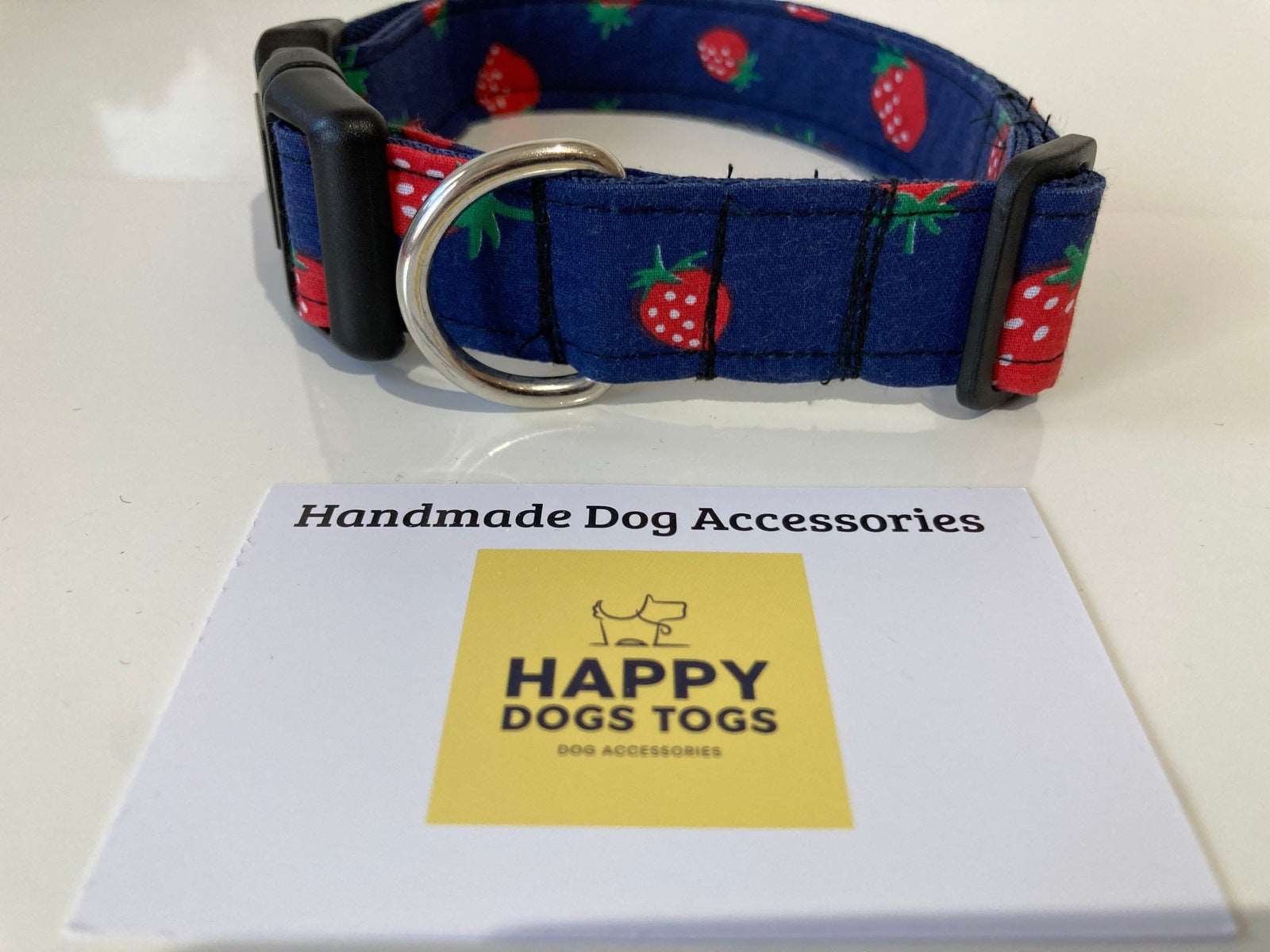 Large Dog Collar in Navy with Red Strawberries - happy-dogs-togs