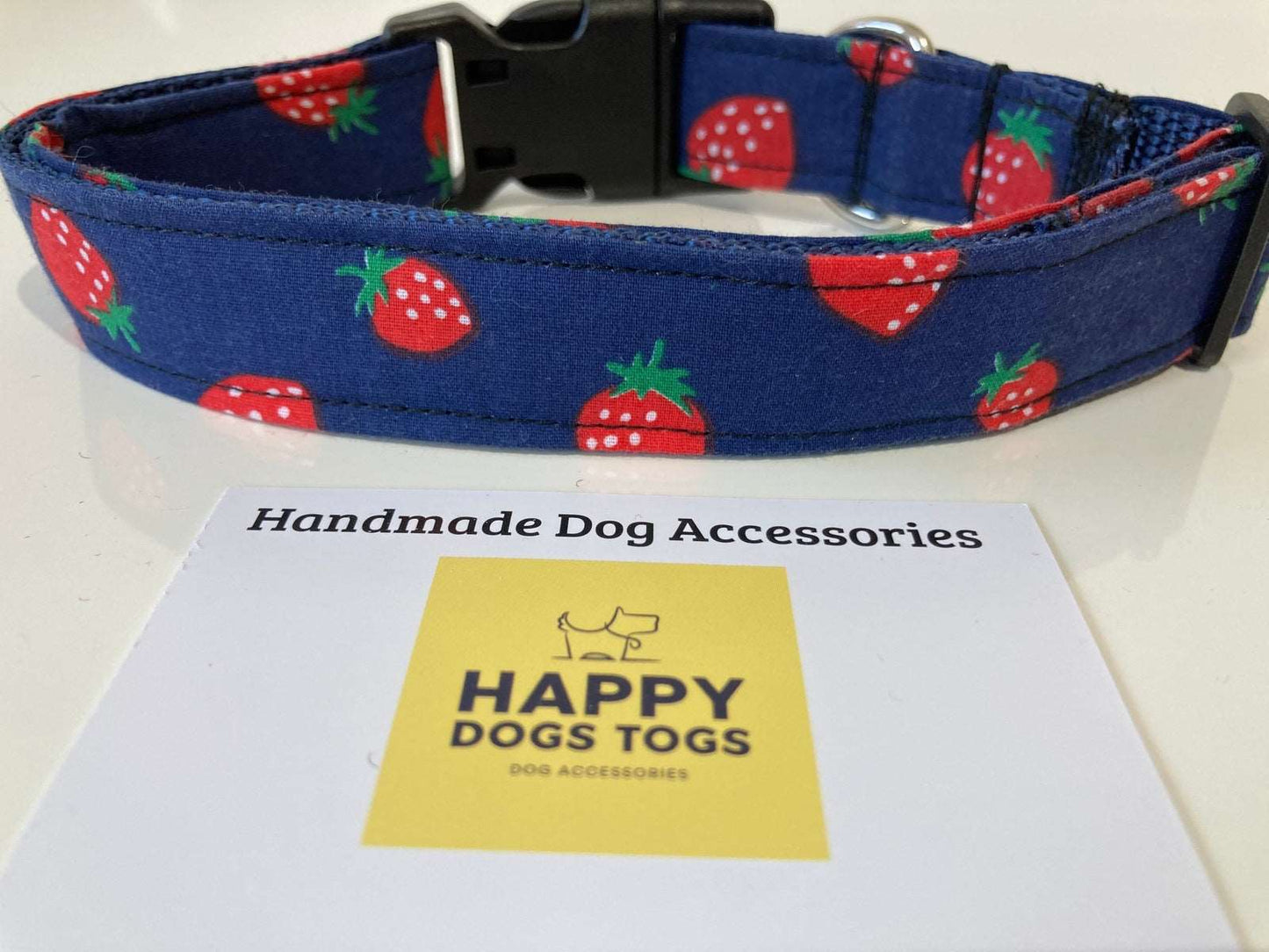 Large Dog Collar in Navy with Red Strawberries - happy-dogs-togs