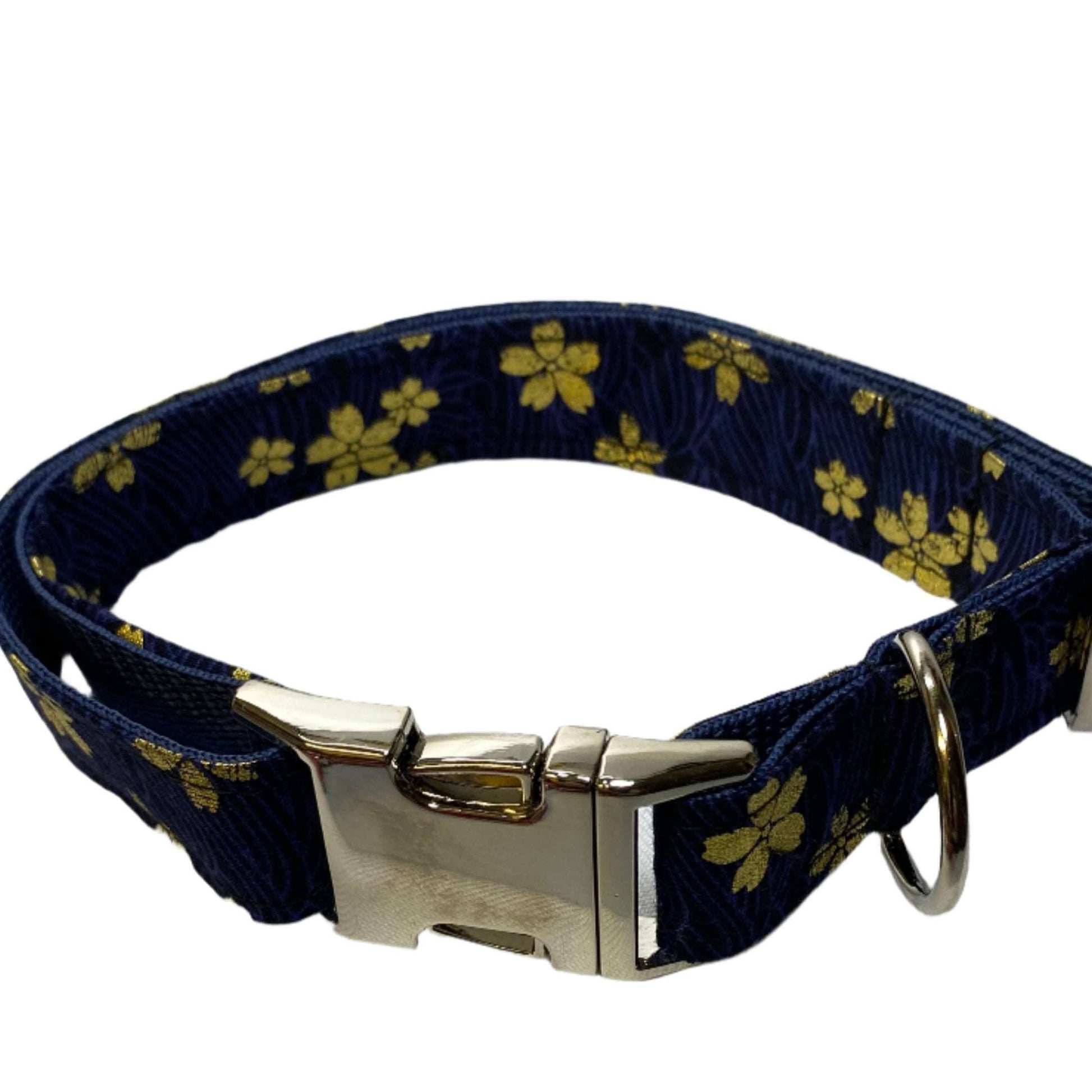 Large dog collar in Navy Blue with Gold floral design - happy-dogs-togs