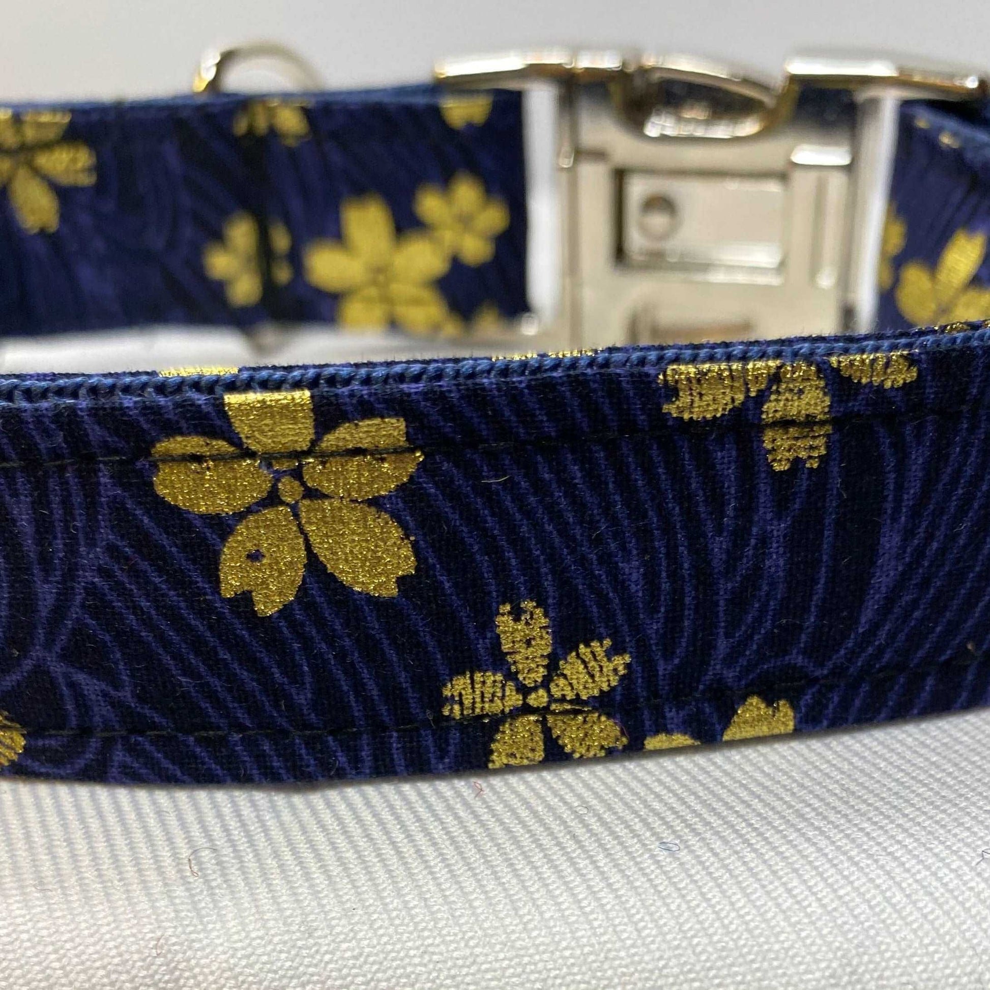 Large dog collar in Navy Blue with Gold floral design - happy-dogs-togs