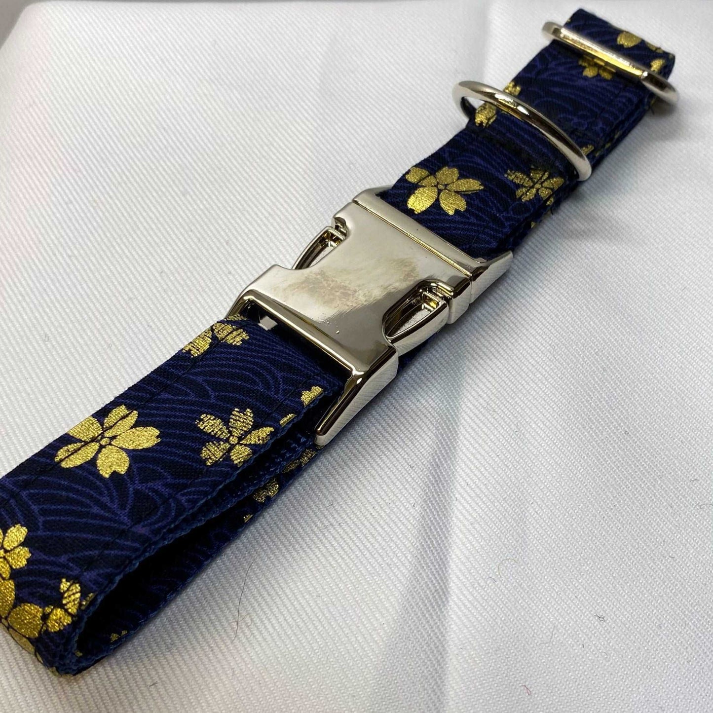 Large dog collar in Navy Blue with Gold floral design - happy-dogs-togs