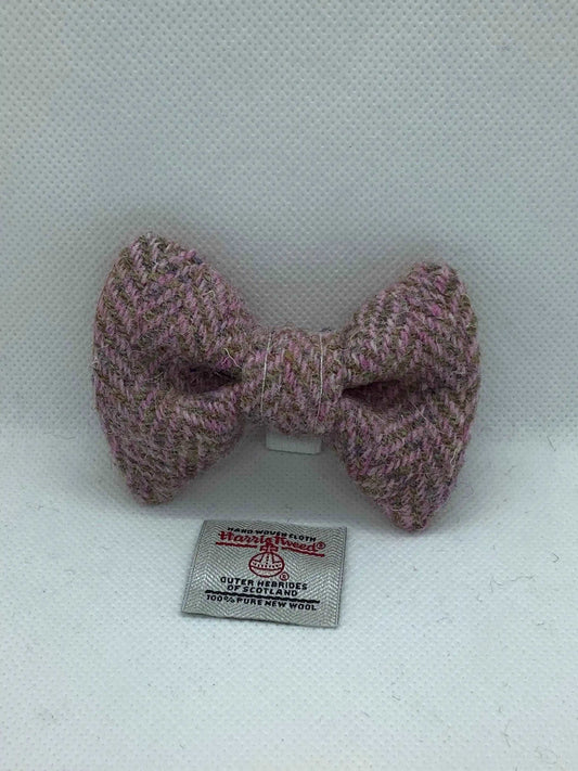 Pink and Grey Herringbone Harris Tweed Dog  bow tie - happy-dogs-togs