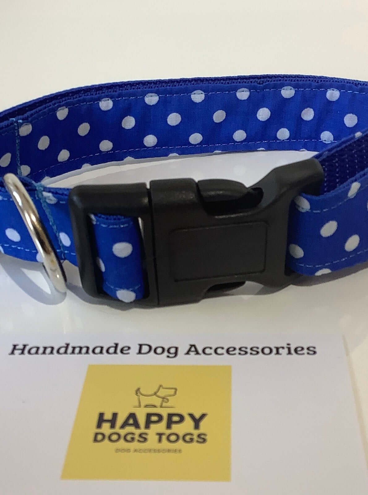 Large dog collar in Blue with White polkadots 