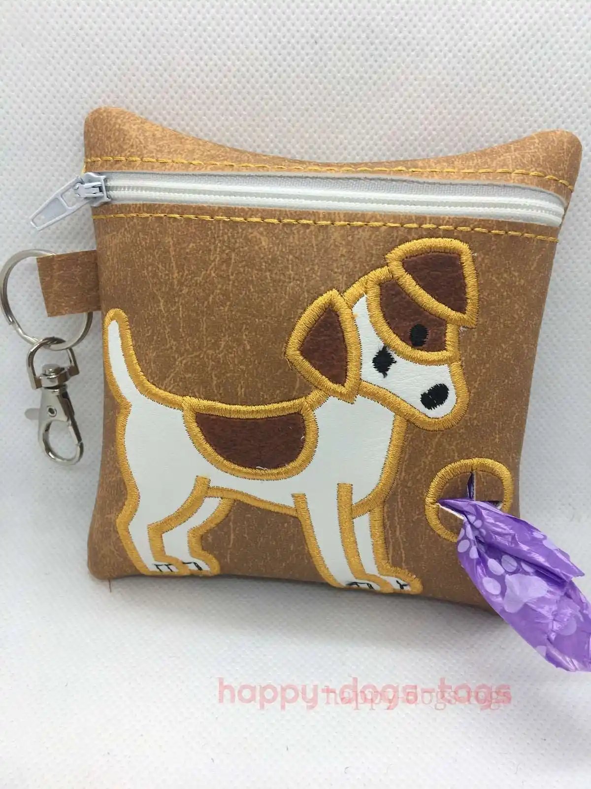 Tan Embroidered Jack Russell Dog poo bag dispenser