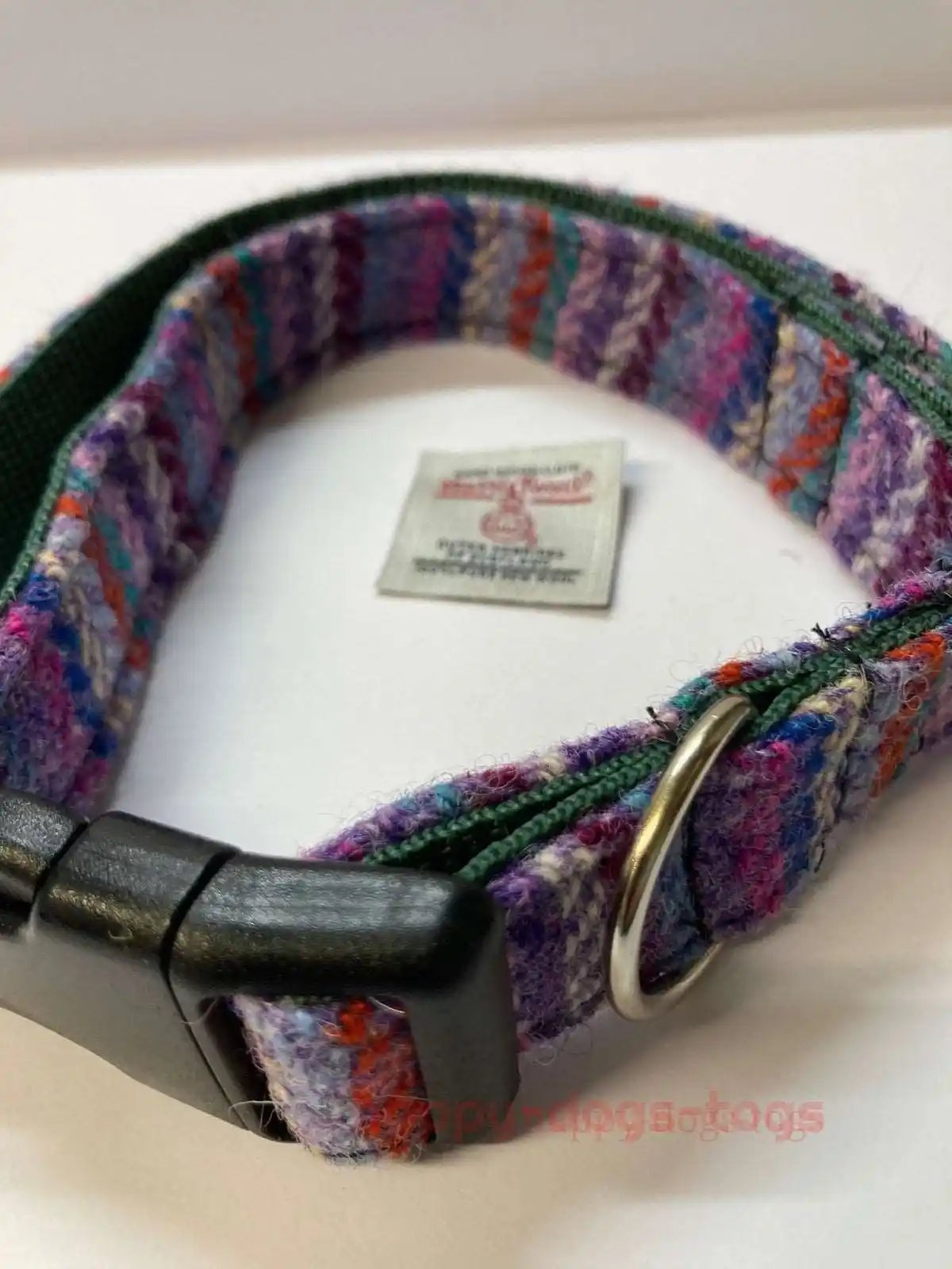 Harris Tweed Dog Collar Purple, Multi colour stripe design Front view with Harris Tweed Label