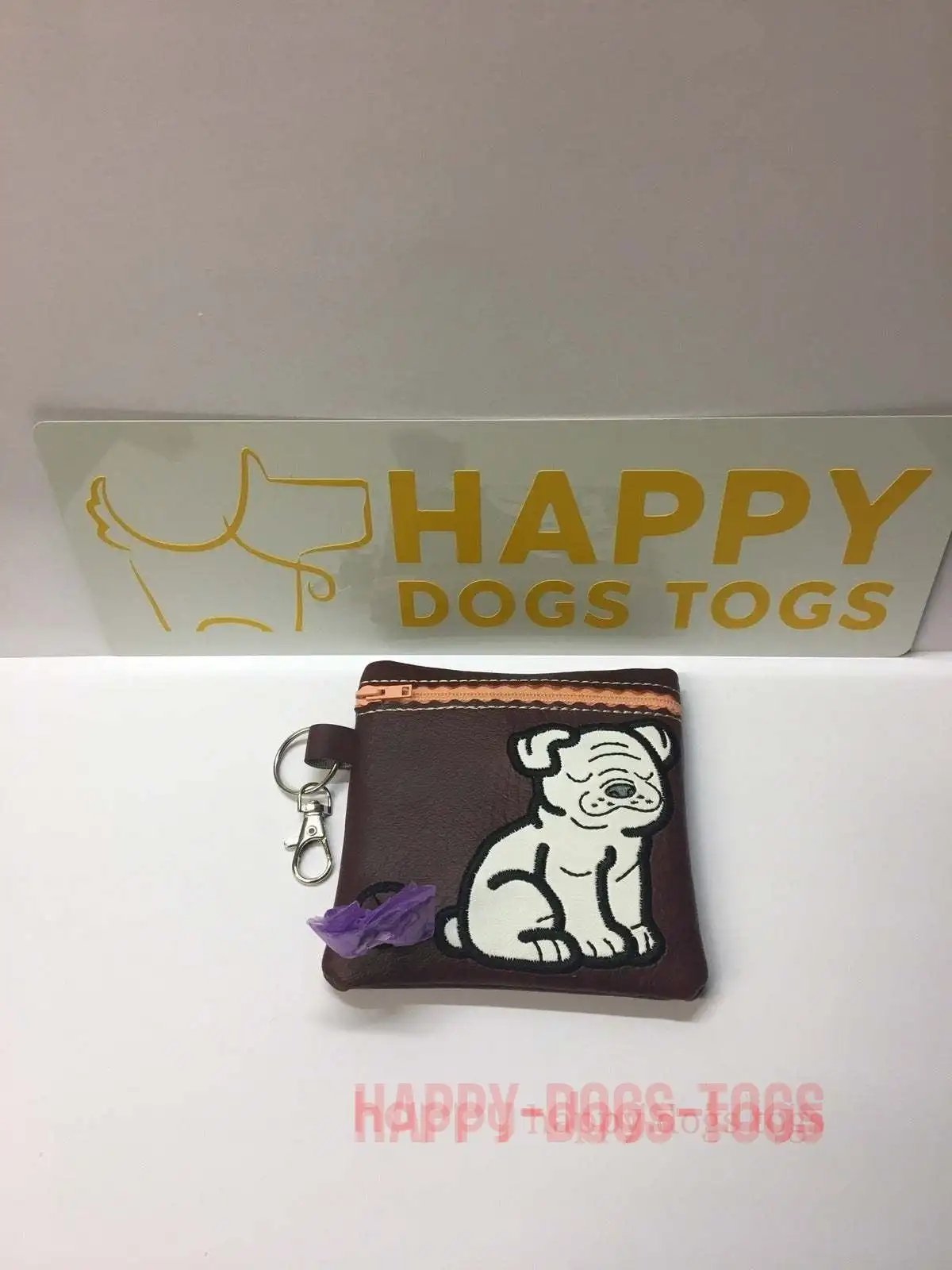 Dark Brown Embroidered Sitting Bulldog Dog poo  bag dispenser