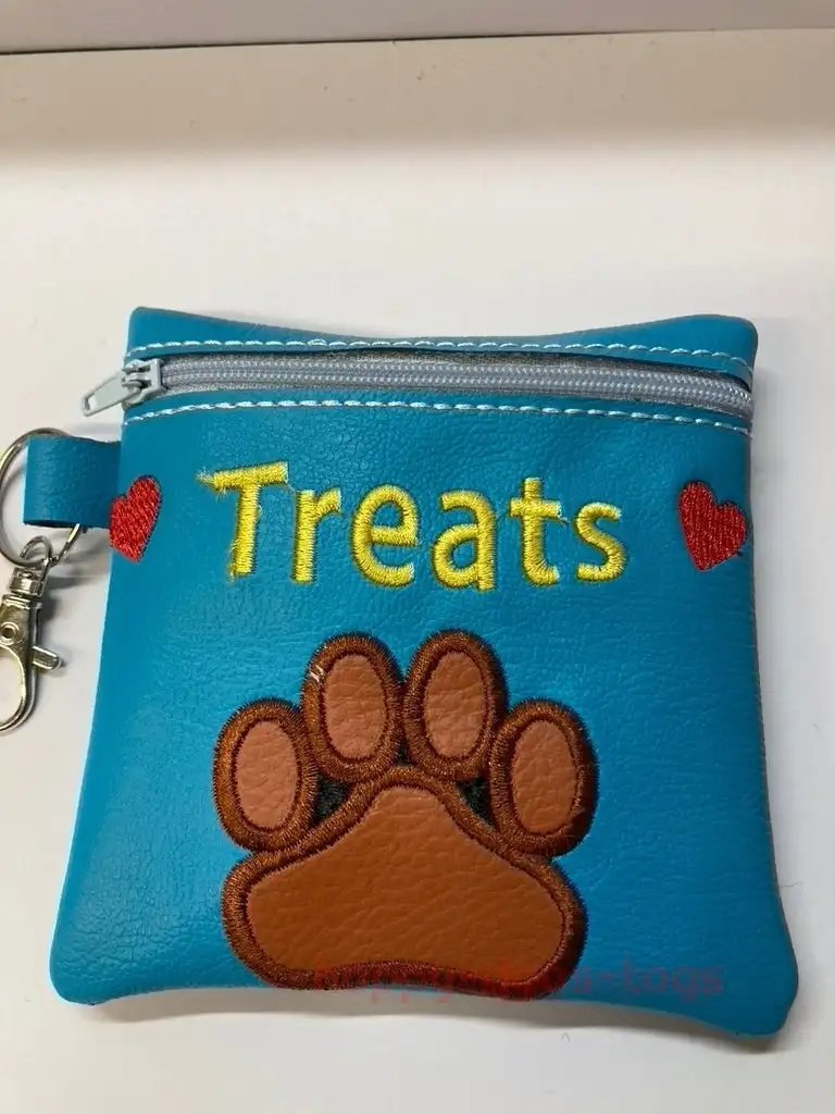 Teal Embroidered   Pawprint Dog Treat Bag