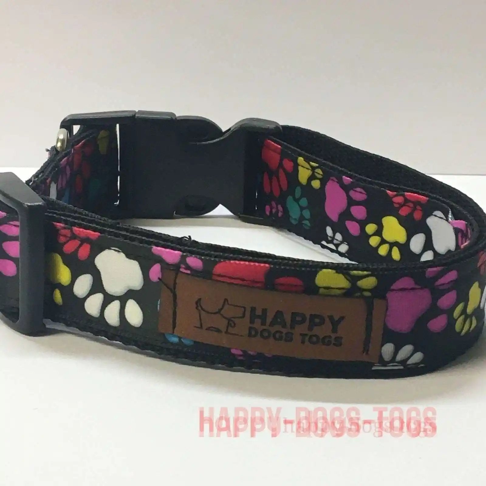Black with coloured paw prints pattern dog collar  size L