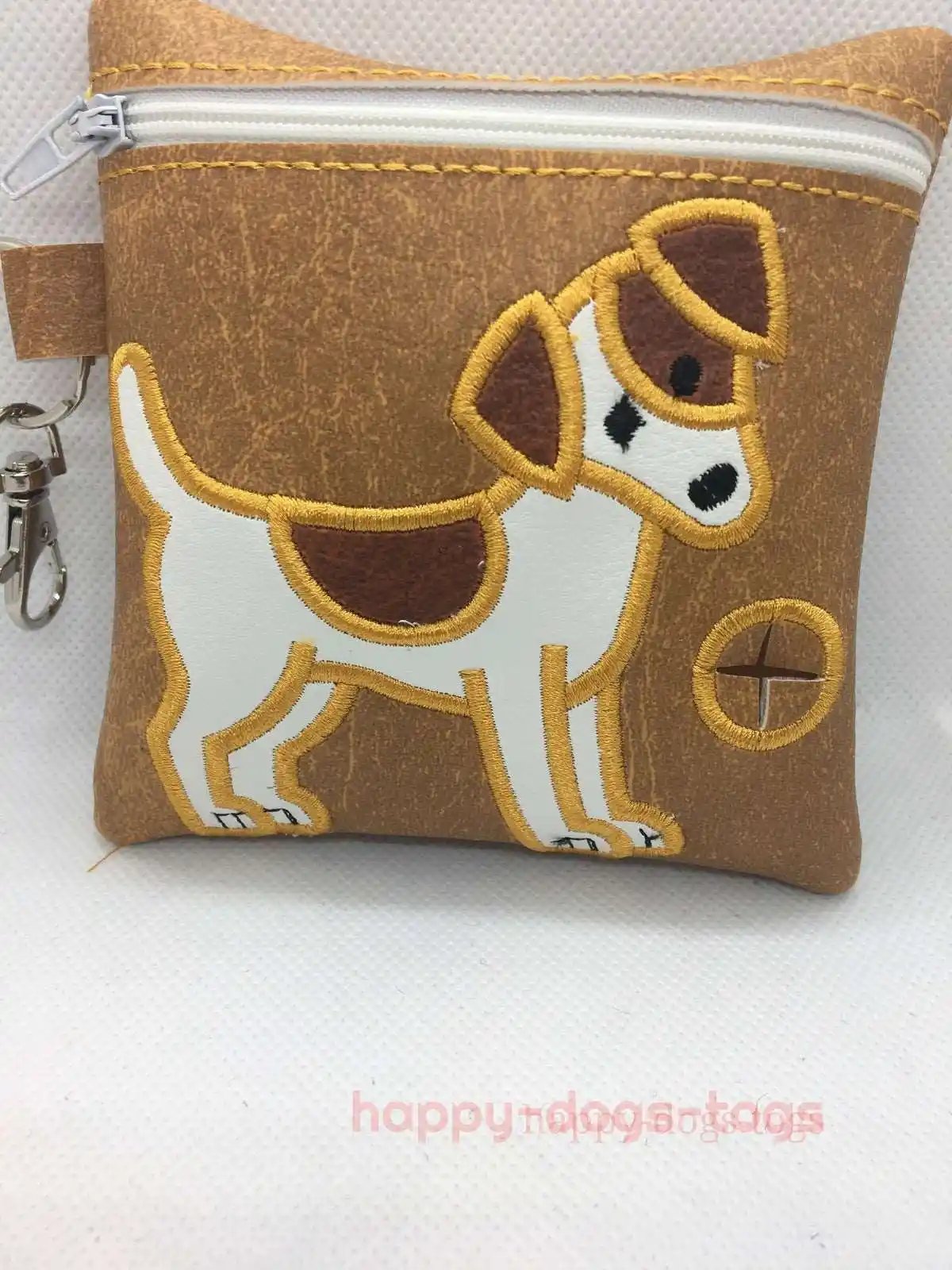 Tan Embroidered Jack Russell Dog poo bag dispenser