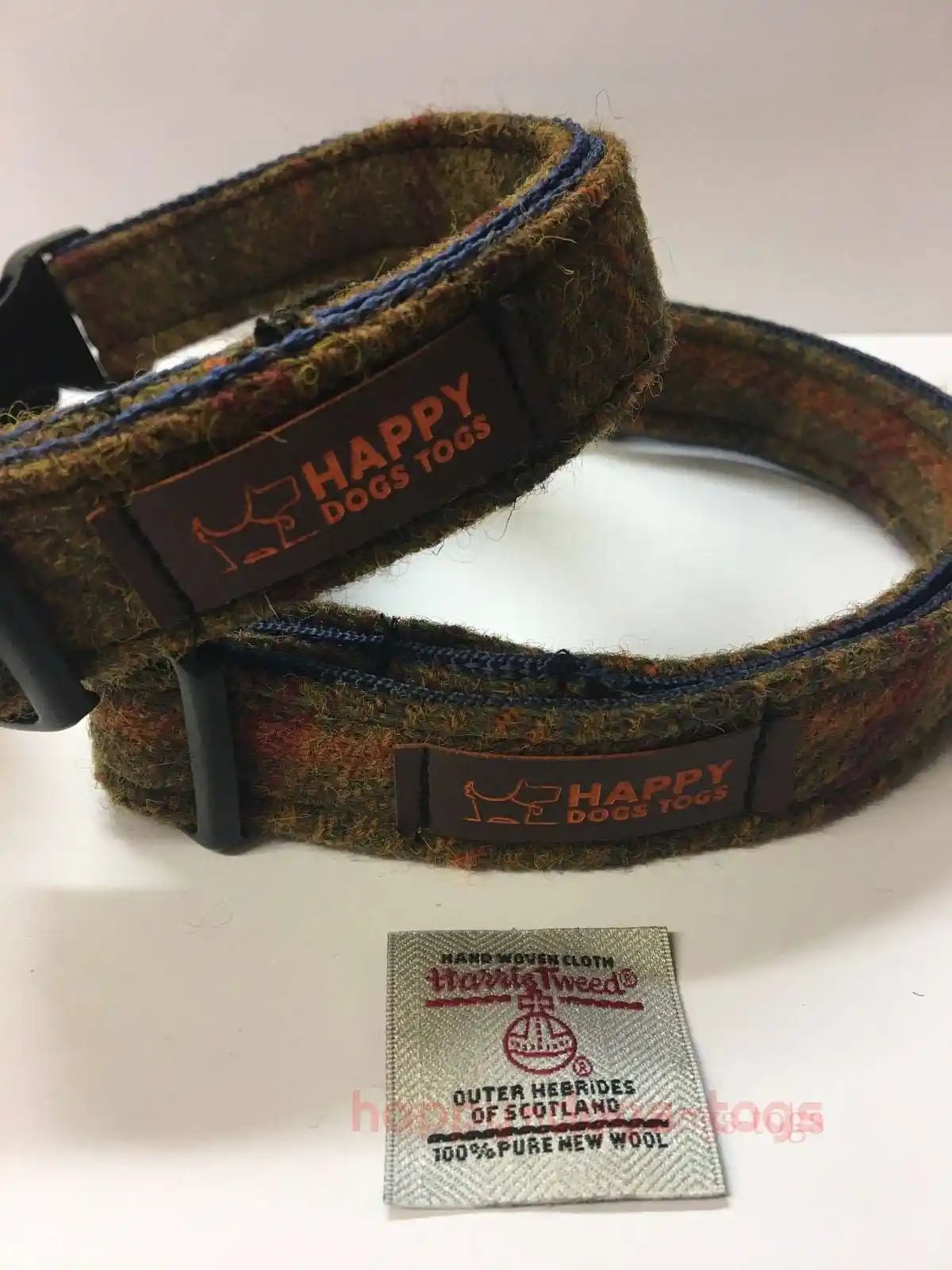 2 Harris Tweed Dog Collar, Tan Check with Harris Tweed Labels