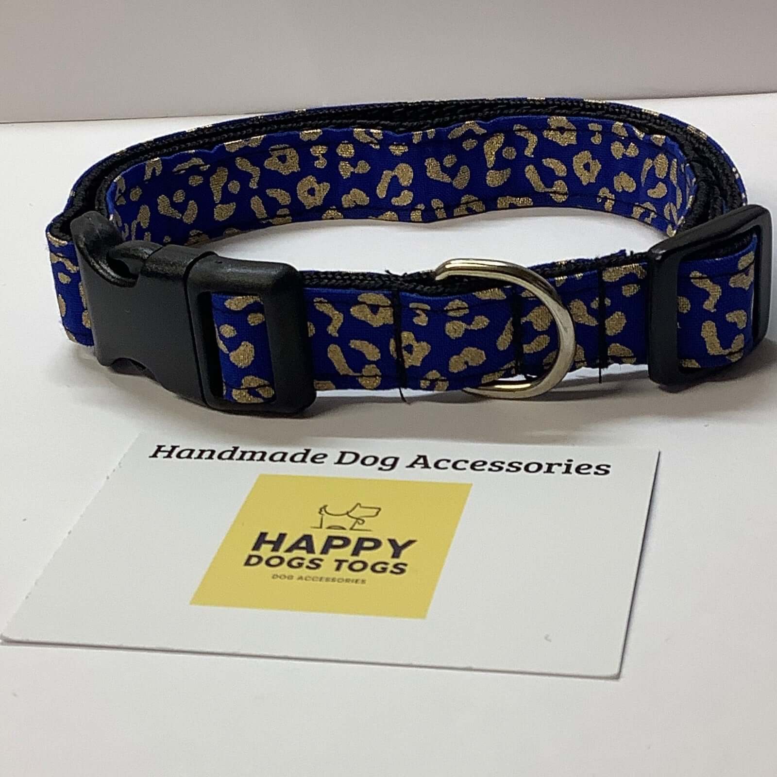 Medium dog collar in Blue with Gold Pattern