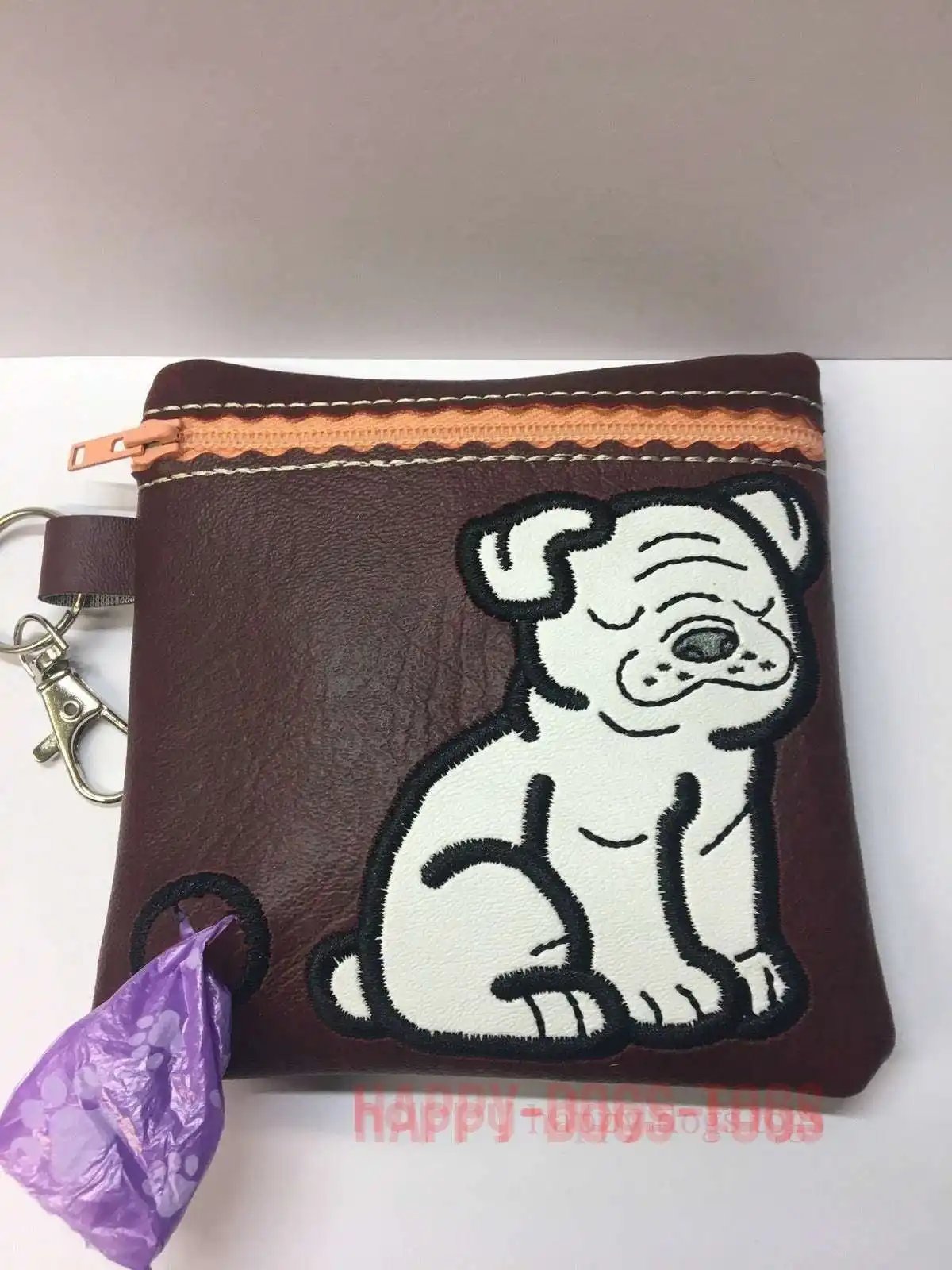 Dark Brown Embroidered Sitting Bulldog Dog poo  bag dispenser