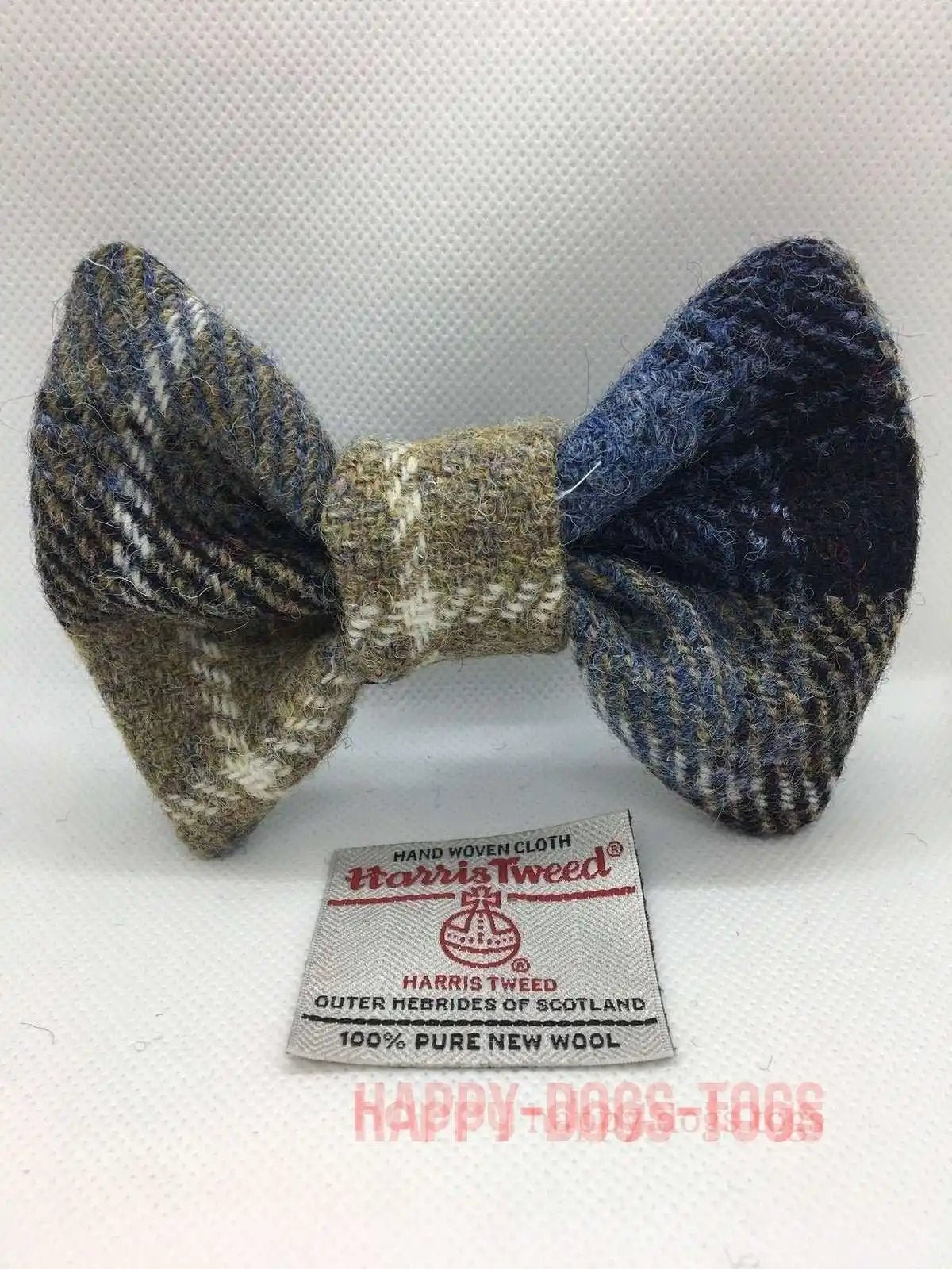 Harris Tweed Dog Bow Tie, Blue, Grey, Khaki
