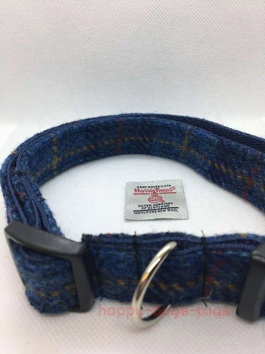 Harris Tweed Dog Collar Blue with Gold check