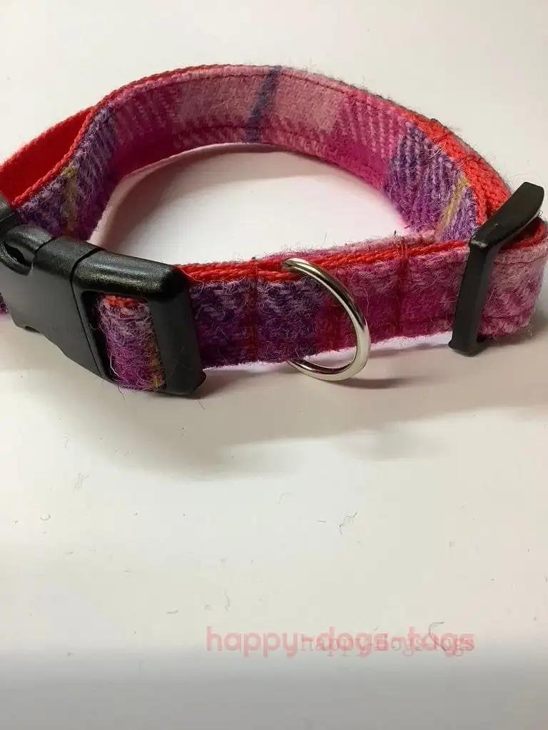 Harris Tweed Dog Collar Pink, Lilac check Front View