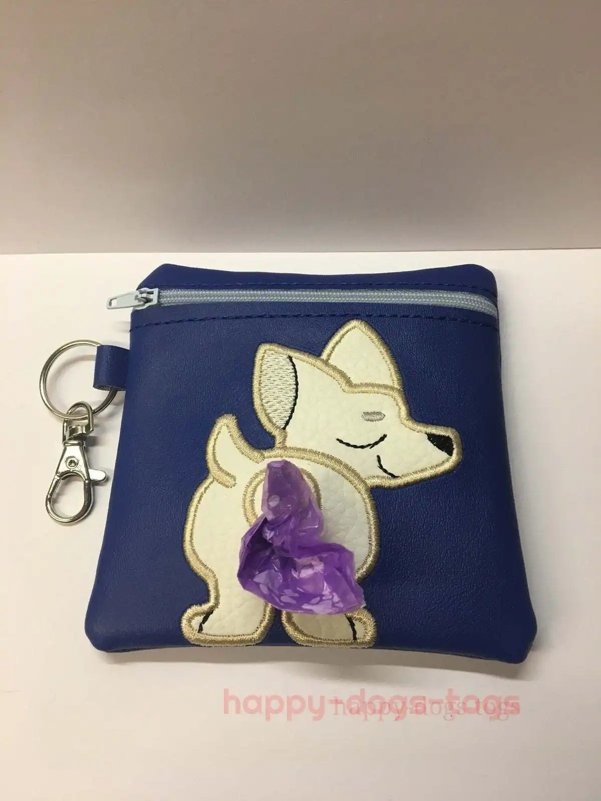 Embroidered Dog poo bag dispenser fawn Chihuahua on a blue bag