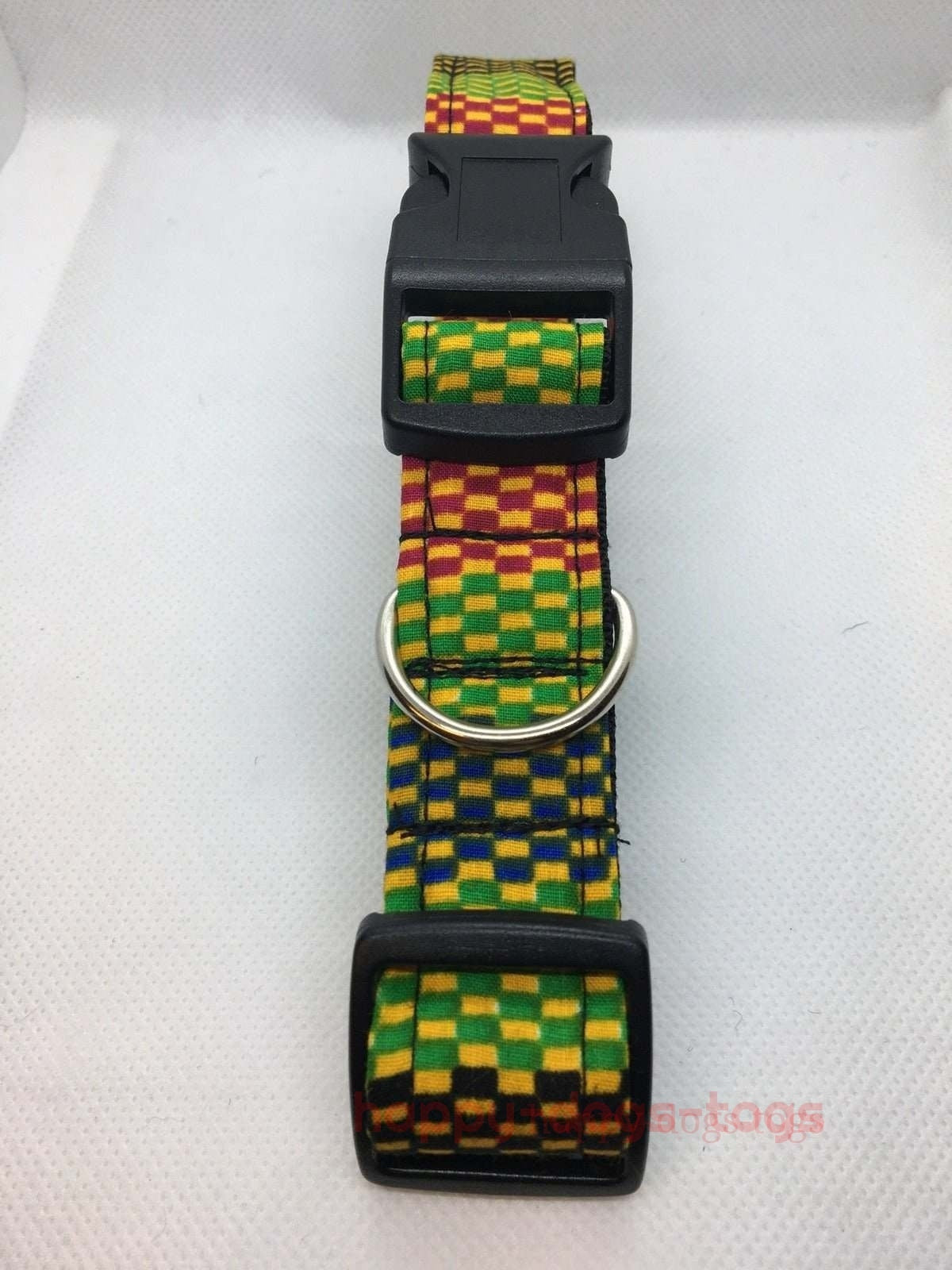 Yellow , Green and Red Check pattern dog collar  size L